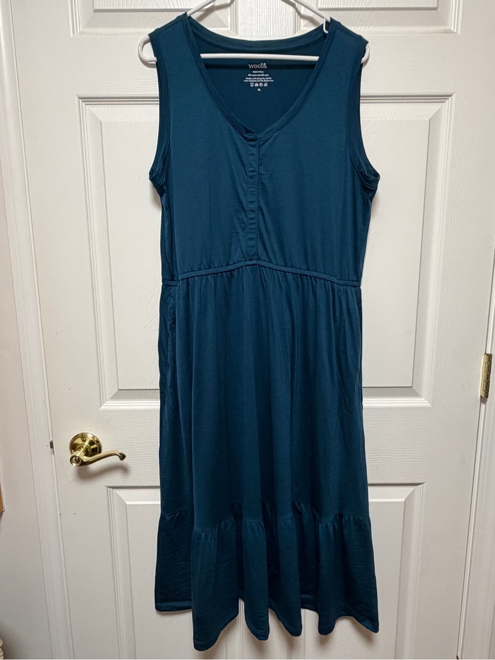 wool& aegean teal grace sleeveless midi dress โ elastic waist & tiered skirt